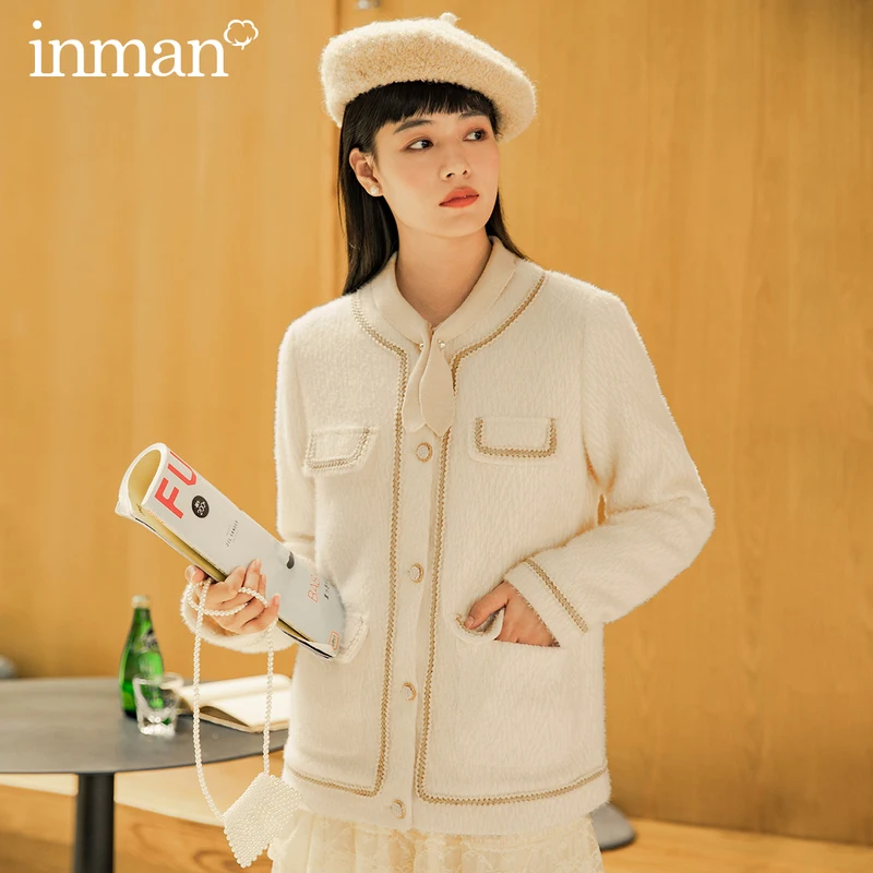 INMAN осенне-зимнее Тканое жаккардовое контрастное Женское шерстяное пальто с