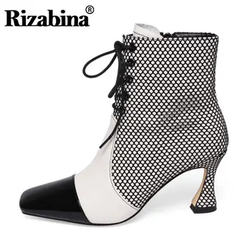 

RIZABINA Winter Ankle Boots Women Square Toe High Heel Genuine Leather Zipper Dot Cross Tied Street Ladies Footwear Size 34-39