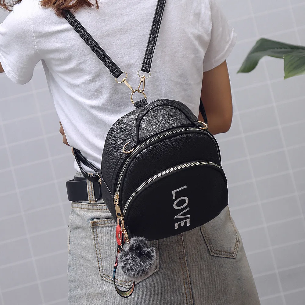 

Small Backpacks School Backpack for Teenage Beach Bag Girl Hairball Leather Pure Color Satchel Travel Shoulder Bag Mochila HW