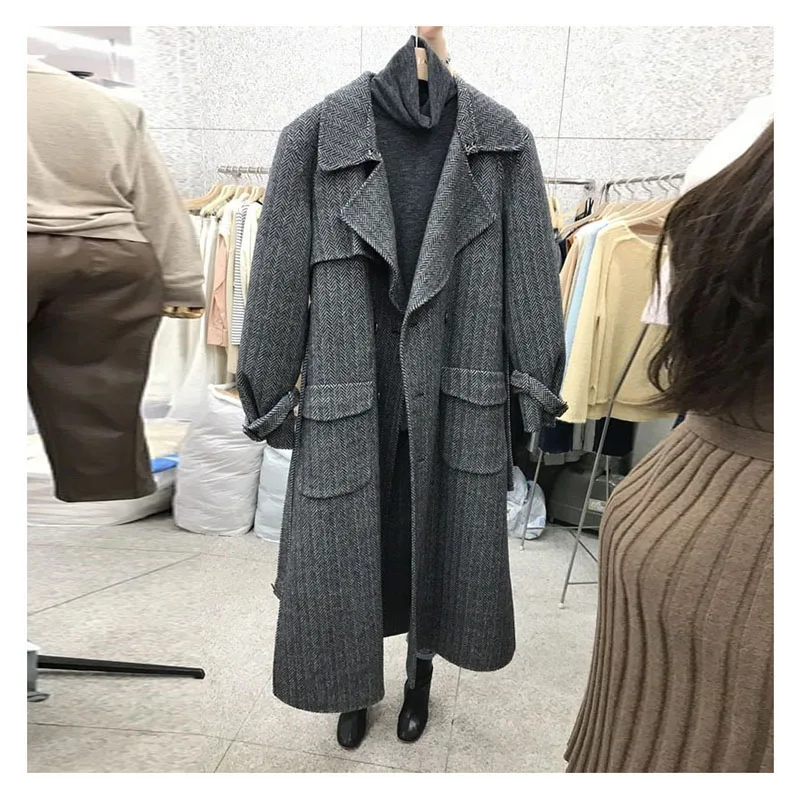 Korea Autumn and Winter New Style Vintage Lapel Double Row Button Woolen Coat Women's Woolen Coat Plus Size Coat Oversized