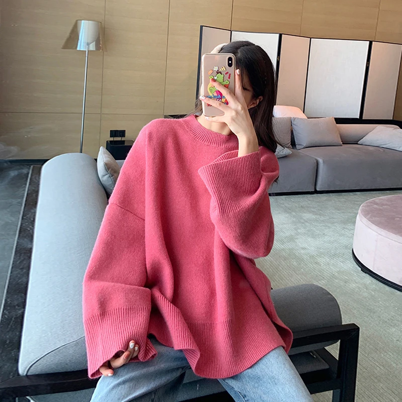

Autumn 2020 New Korean Lazy Style Candy Color Split Long Sleeve Sweater Women's Medium and Long Knitted Pullover Top