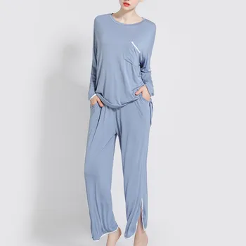 

Pajamas Set Women Comfortable European American Solid Color Long sleeved Home Service Two-piece Casual Pajamas Set hot