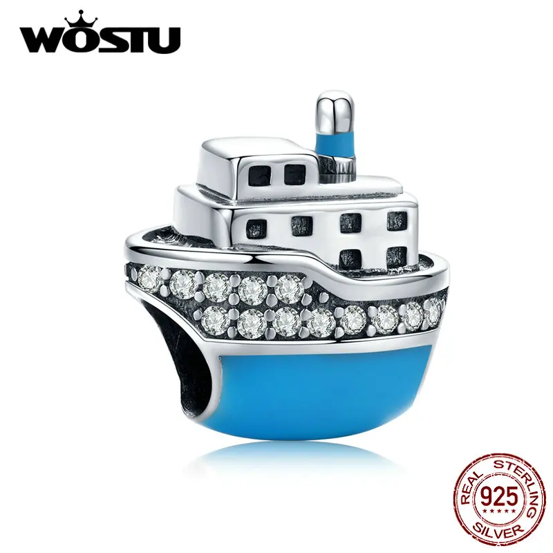WOSTU 925 Sterling Silver Travel Cruise Ship Blue Beads Zirconia Charms Fit Original Bracelet Necklace Luxury Jewelry FIC1379