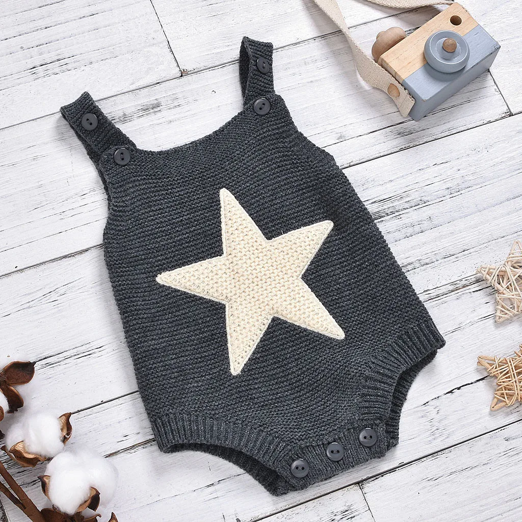 Newborn Infant Baby Girls Solid Romper Knitted Star/Heart Bodysuit Warm Clothes Cotton Blend Sleeveless O-neck Jumpsuit Girls