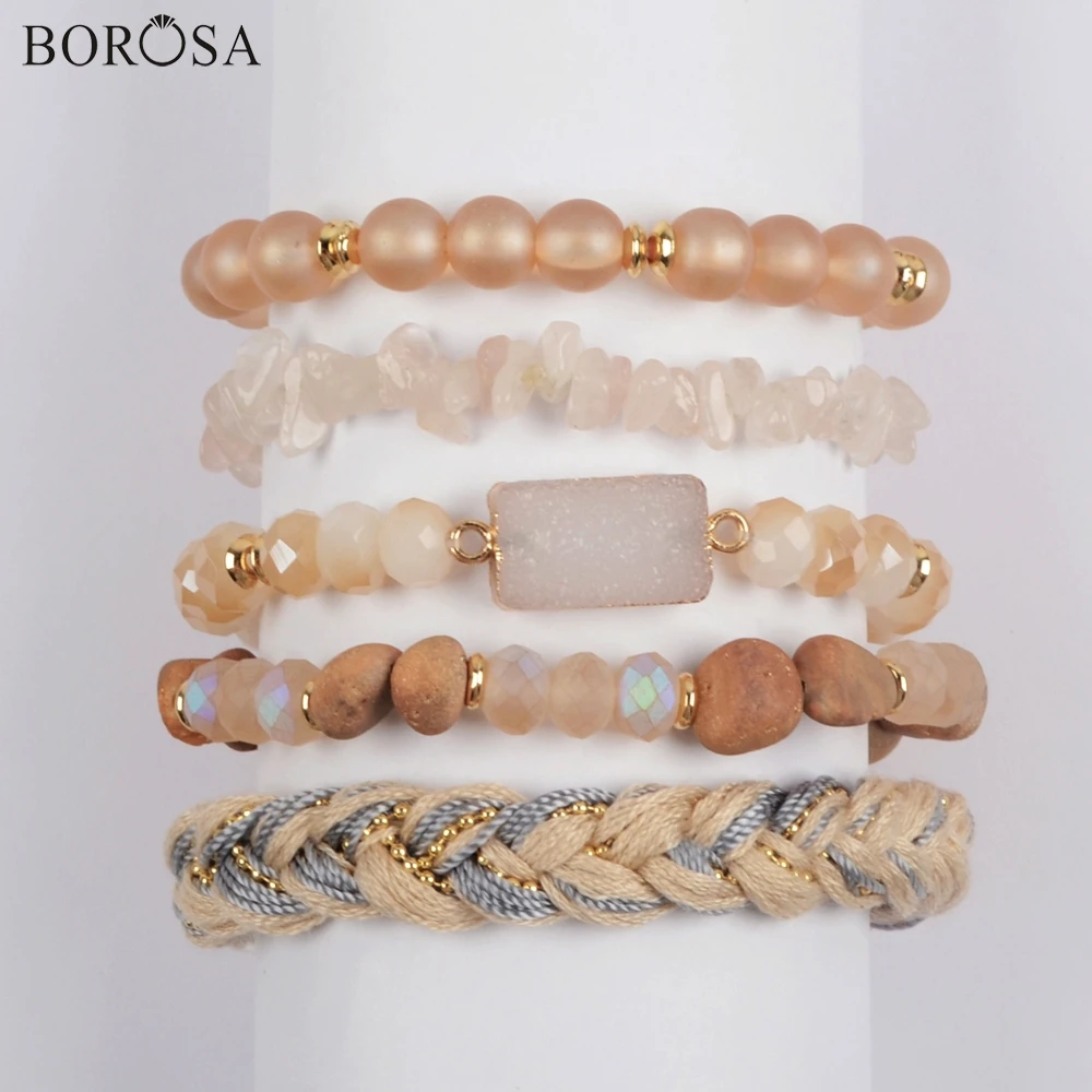BOROSA 5 комплектов браслет наборы ювелирных украшений(5 шт./компл. разных Браслеты) светло-коричневый натуральный кулон agates druzy с украшением в виде кристаллов бисера стеклянные бусины, украшения WX1185