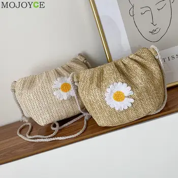 

Portable Straw Women Shoulder Bag Classic Texture Creative Design Chic Daisy Flower Pleated Summer Woven Crossbody Money Pouch