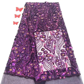 

African Lace Fabric High Quality French Tulle Lace Fabric 2019 Latest Nigerian Embroidery Sequins Laces Fabric For Wedding Purpl