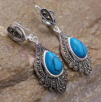 

whosale Fine round Natural Tur quoise bead silver hook earrings Vintage style