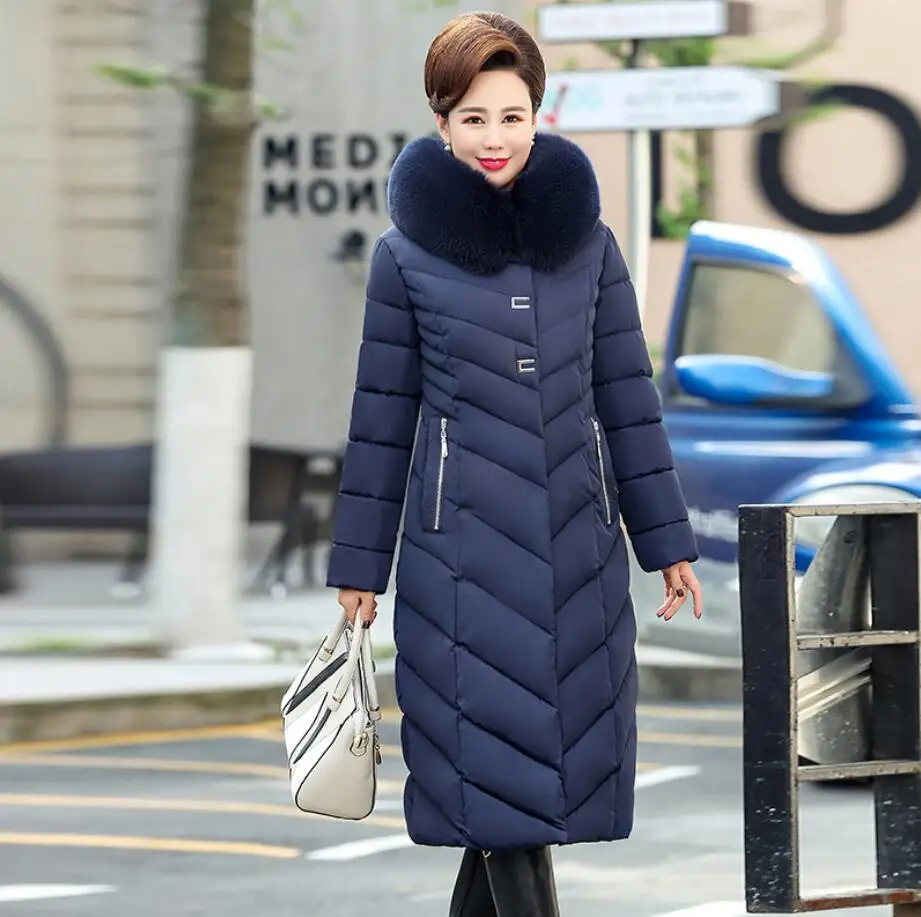 Plus Size 5XL Women Winter Jacket Middle-aged Women Thicken Warm large fur collar Hooded down cotton Coats Long Parkas r2148