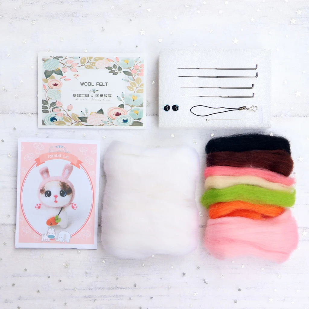 

Cat Doll With Rabbit Wool Felt Craft DIY Non Finished Poked Set Handcraft Kit For Needle Material Bag Pack Drop Ship Support