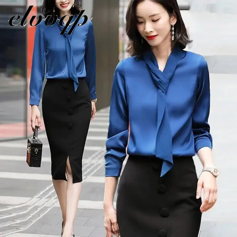 Satin Elegant Women Blouses Spring Autumn Long Sleeve Vintage Shirts Ladies Tops Workwear Fashion Blusas Button Shirts Plus Size