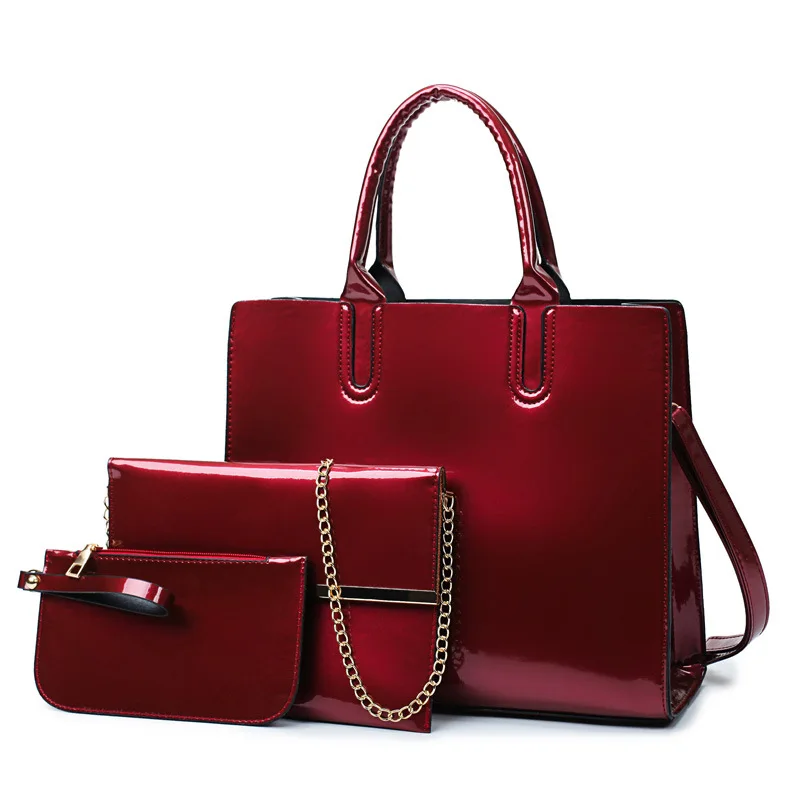 

2019 New Style Europe And America Patent Leather Women's Bag Bright Surface Different Size Bags Three-piece Set Hand Shoulder La