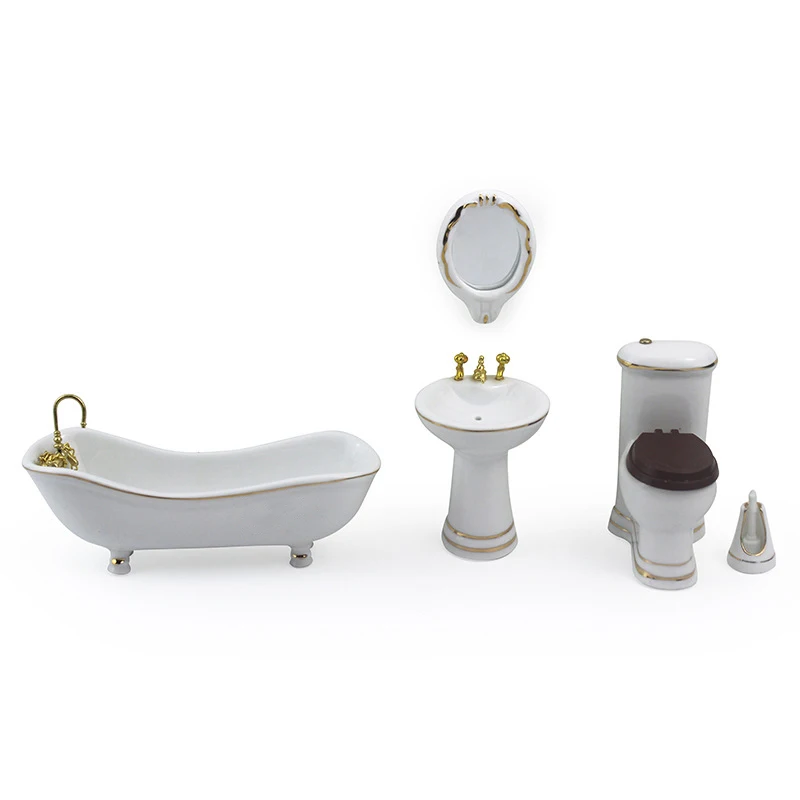 1/12 Dollhouse Miniature Accessories Mini Bathroom Set Simulation Bathtub Mirror Wash Basin Closestool Brush Doll House Decor