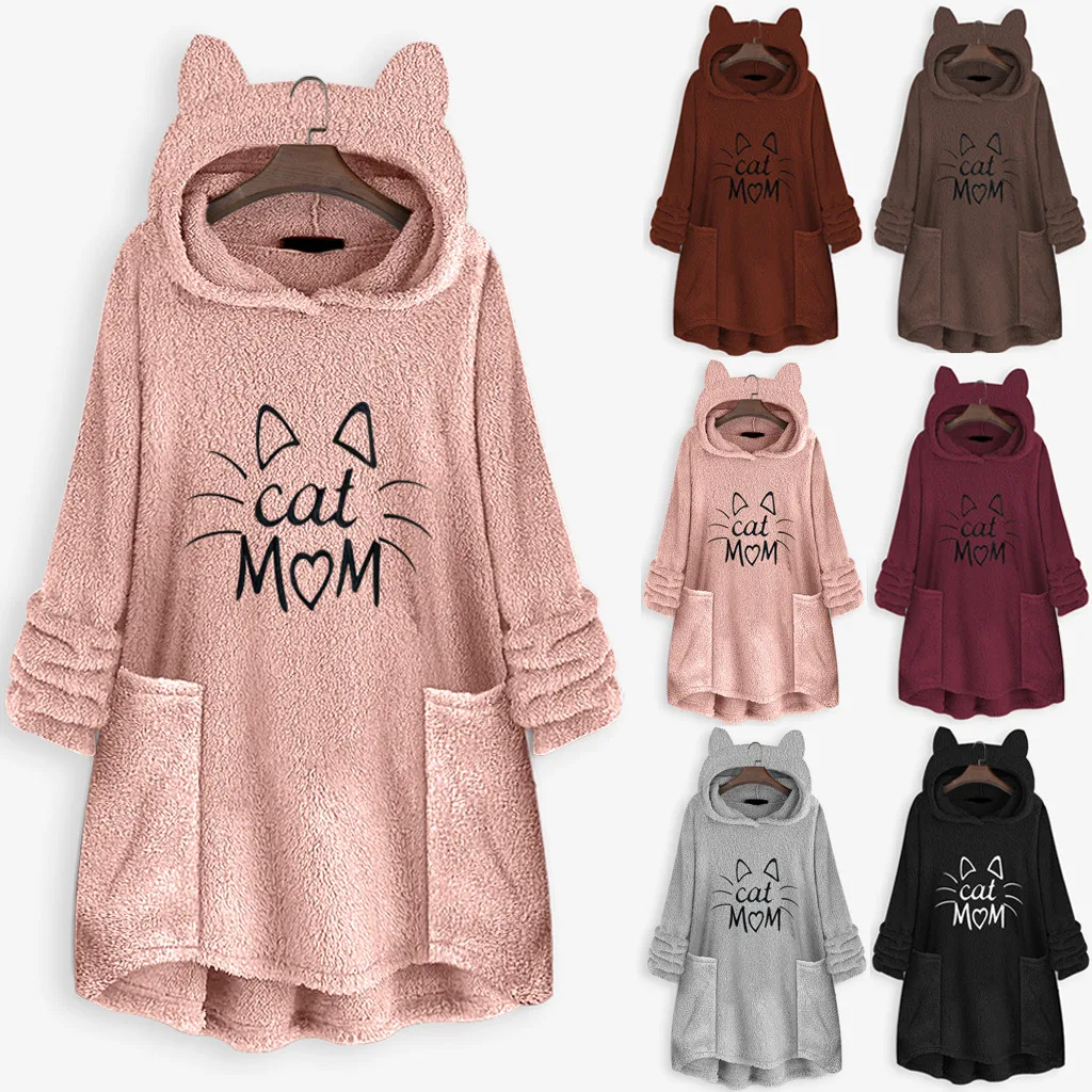 Women Sweatshirt Women Cat Mom Fleece Embroidery Cat Ear Hoodie Sweatshirts Pocket Pullover Top mujer Winter Hoodies#L20