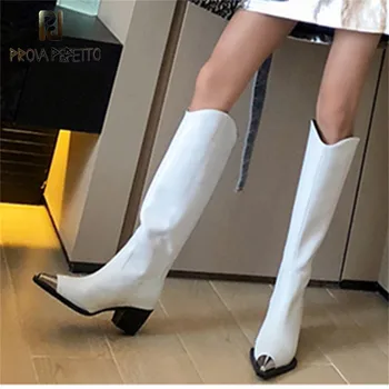

Prova Perfetto Women Knee High Boots Warm Shoes Metal-decorated Pointed Toe Sexy Ladies High Heels Boots Women's Botas Mujer