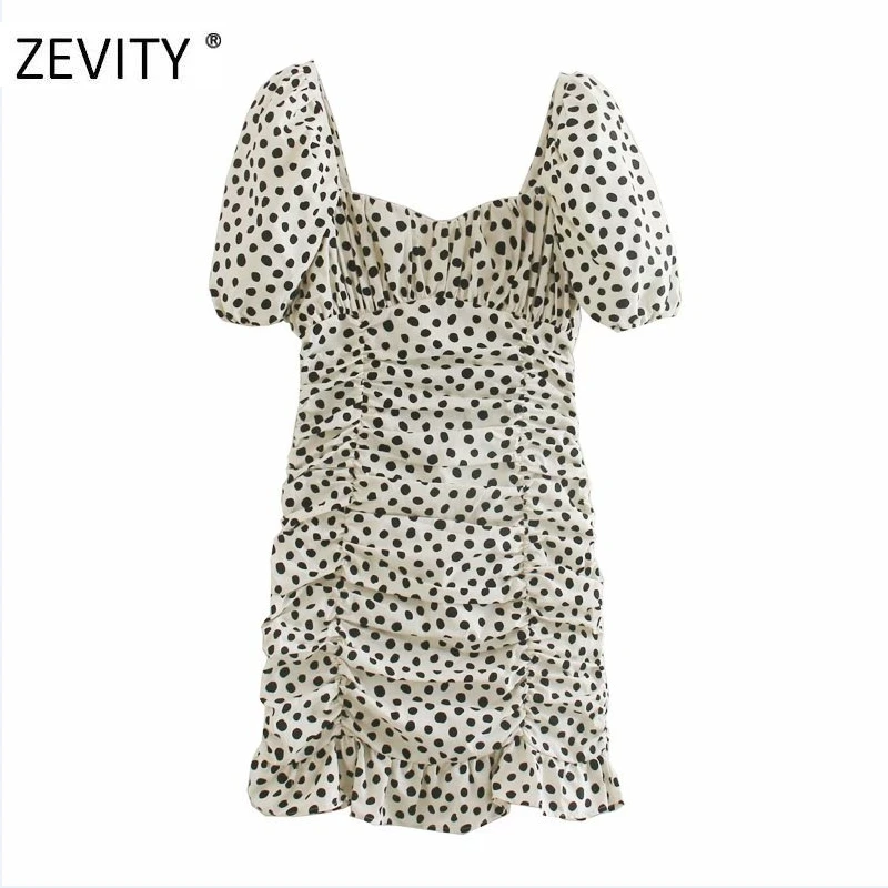 ZEVITY New Women vintage square collar polka dot print pleated mini Dress Office Lady ruffles Vestidos Chic Party Dresses DS4230 ZEVITY New Women vintage square collar polka dot print pleated mini Dress Office Lady ruffles Vestidos Chic Party Dresses DS4230
