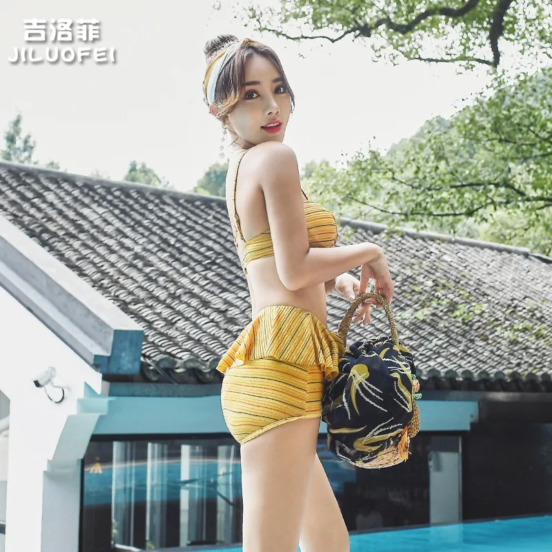 

Ji Loepfe 2019 New Style Small Bust Gathering Three-piece Set Korean Goods Hot Springs Split Type Slimming Swimming Suit