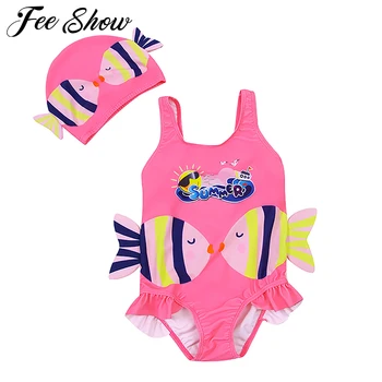 

Kids One-piece Sleeveless Cute Cartoon Fish Printed Swimsuit Swimwear Bathing Suit with Swim Cap Toddles Baby Girls Beachwear