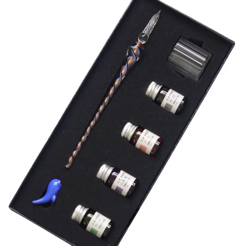 Небесно-голубой 7 шт./компл. спиральный узор Стекло ручка Dip чернила с украшением в виде кристаллов ручки для подписи набор для школы украшения Подарки товары для рукоделия L41E - Цвет: Небесно-голубой