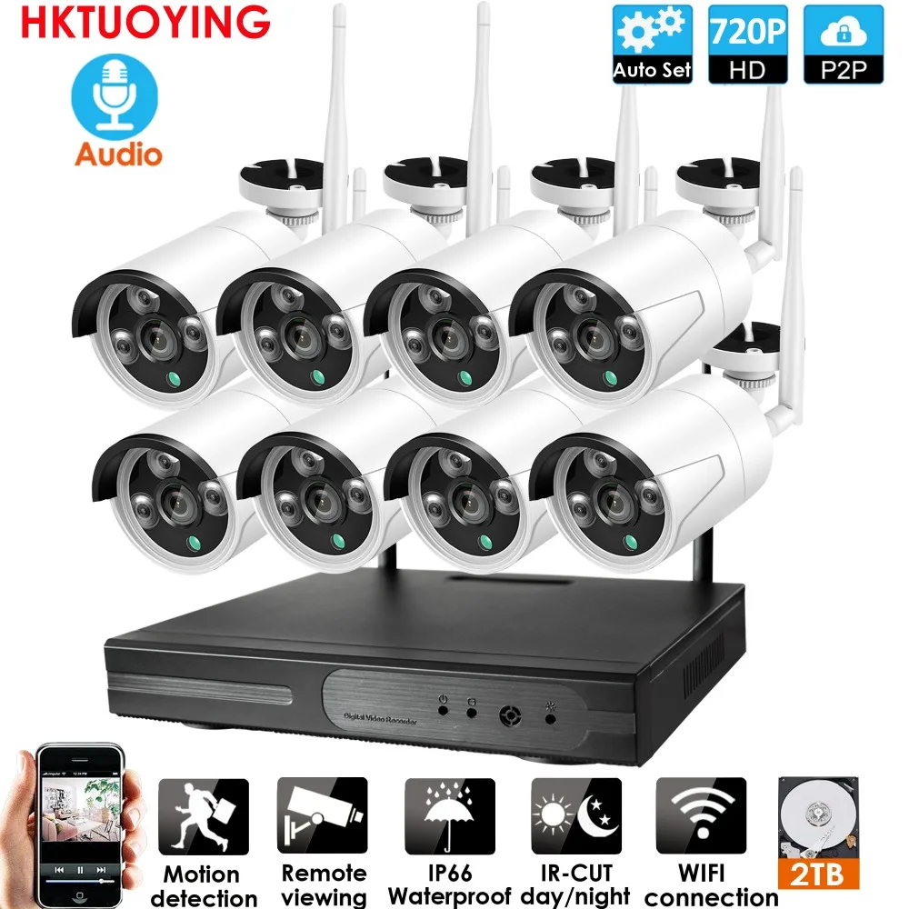 Подключи и играй 8-канальный аудио 1080P HD Беспроводной NVR комплект P2P 720P Крытый Открытый Ночное Видение безопасности 1.0MP IP камера wifi CCTV система