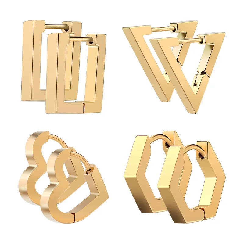 Fashion Personality Geometric Triangle Square Star Heart U Shape Hoop Earrings Men Women Stainless Steel Punk Piercing Jewelry