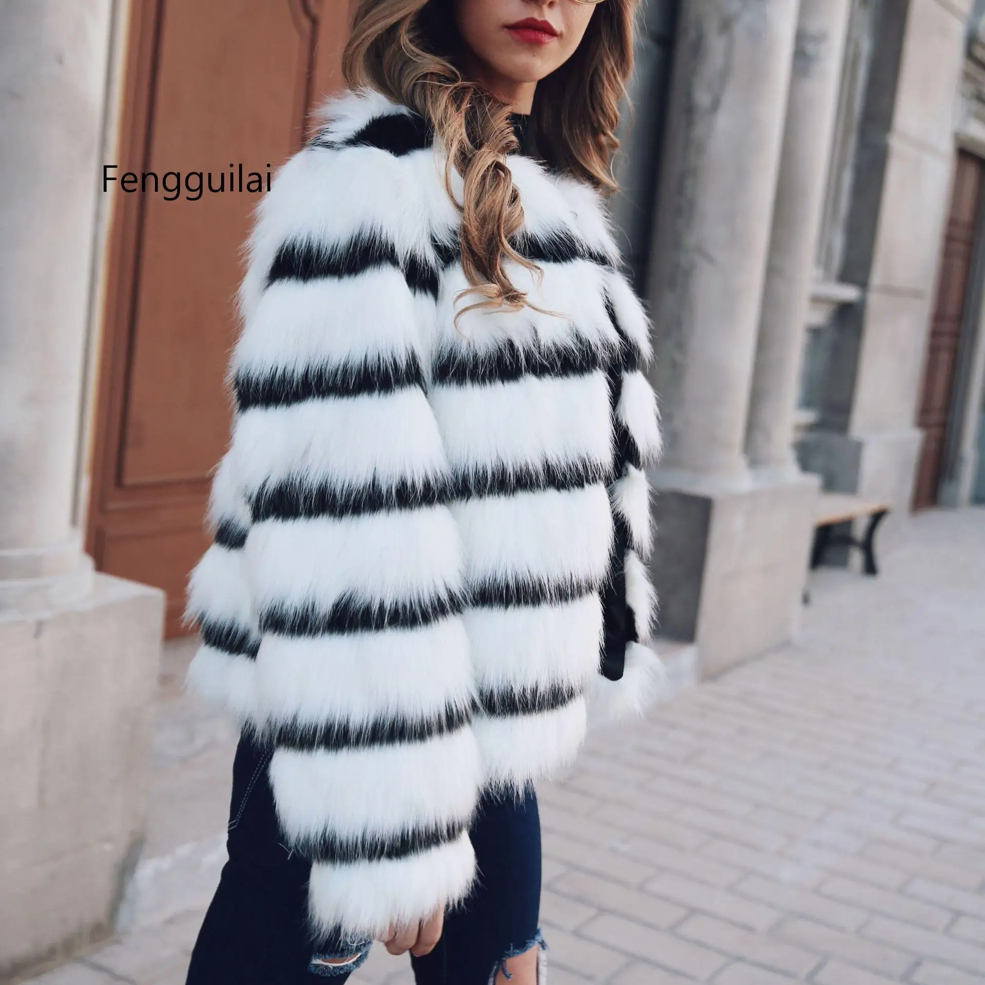 

Winter Black And White Striped Faux Fur Coat Fur Coats Women Elegant Fur Coat Brand FashionLong Sleeve Collarless Casual Woman