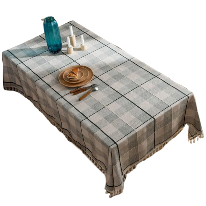 

Gray Plaid Embroidered Fringe Tablecloth Cotton and Linen Kitchen Table Desk Coffee Table Cloths Rectangular Dining Table Cloth