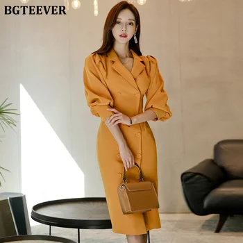 

BGTEEVER Vintage Notched Collar Double-breasted Women Dress Sheath Lantern Sleeve Female Dress Midi Vestidos Femme 2019