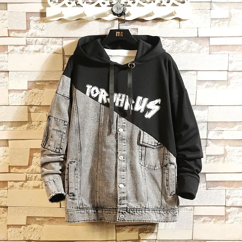 

Men's jacket 2020 autumn and winter new handsome denim stitching printed hooded jacket young personality fashion trend men's