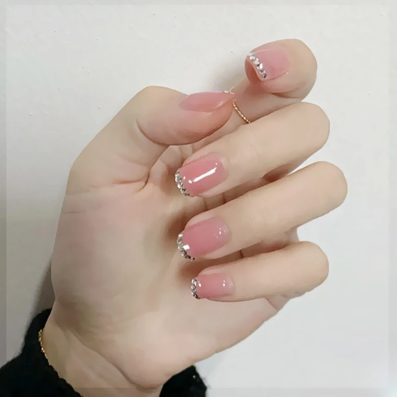 Uñas postizas de punta redonda para manicura, uñas acrílicas francesas de color  rosa y Diamante, cobertura completa, 24 piezas|Uñas postizas| - AliExpress