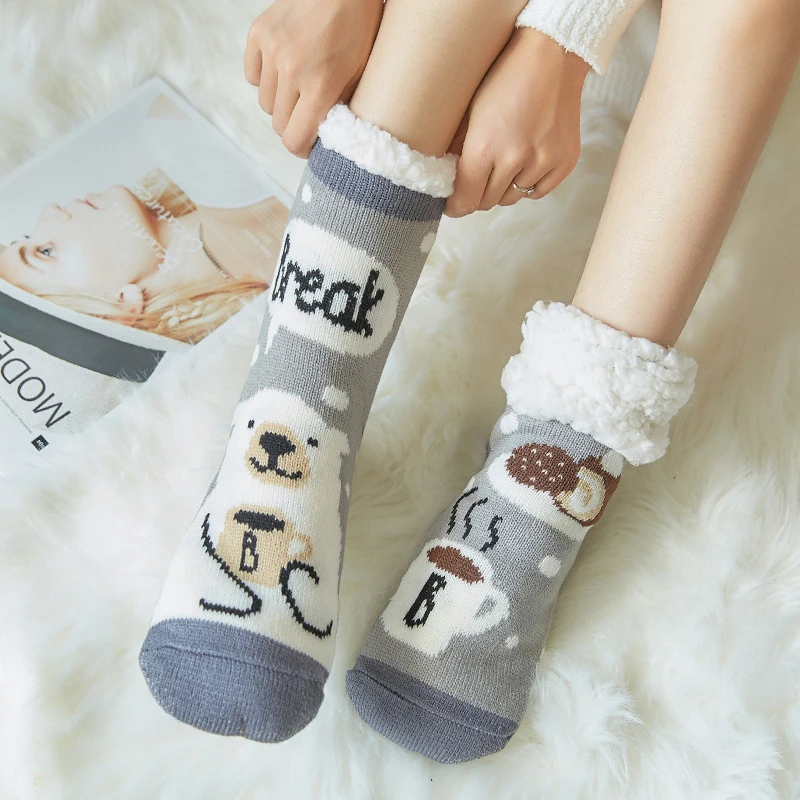 HKTY/зимние теплые носки-тапочки; домашние носки; носки-тапочки в европейском и американском стиле для взрослых; бархатные утолщенные Нескользящие женские носки