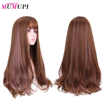 

MUMUPI Long Synthetic Wig with Bangs brown Ombre Color High Density Natural Headline Heat Resistant Hair Wigs for Women