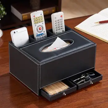 

1PC Multifunctional Creative PU Tissue Storage Box Multi Grids Storage Container Sundries Organizer For Home (Black)