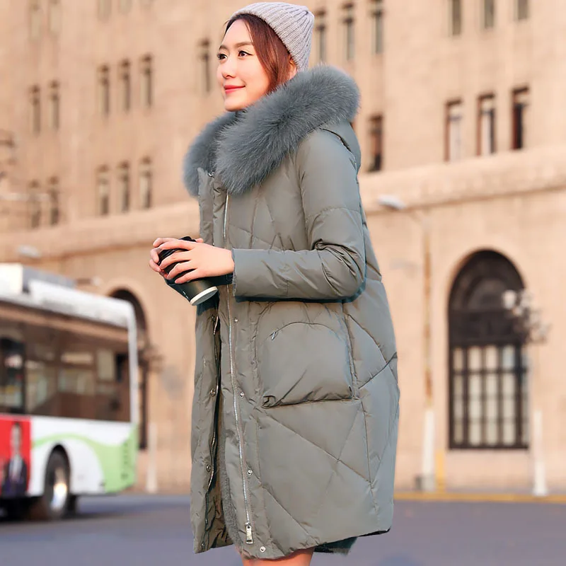 

Winter Women's Down Jackets Fox Fur Collar Korean Red Bride Down Jacket High Quality Loose Long Coat Kurtka Zimowa KJ460