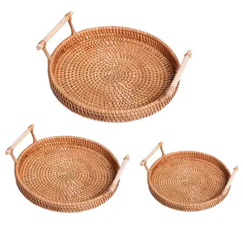 

Round Serving Storage Tray Bread Basket Rattan Woven Storage Snack Fruit Organizer Tray With Handle For Dinner Party Breakfast