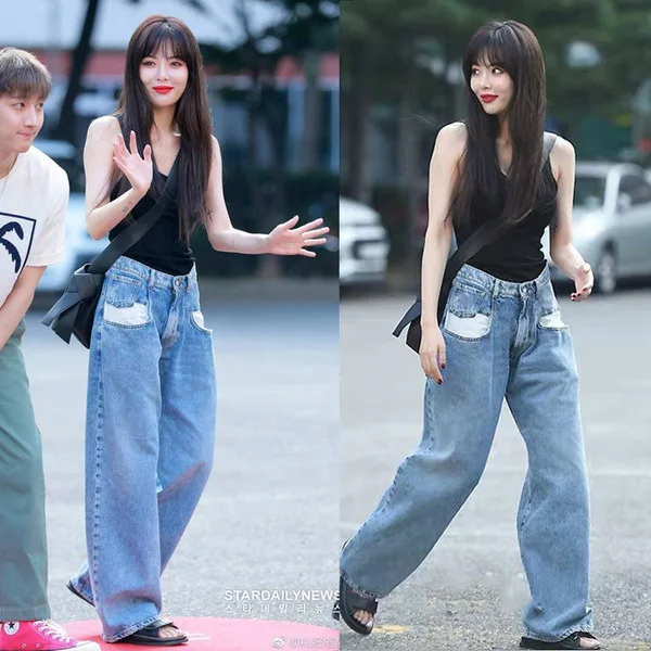 Золотые джинсы в стиле знаменитостей Hyuna, женские свободные прямые брюки с высокой талией и подвеской в Корейском стиле для похудения