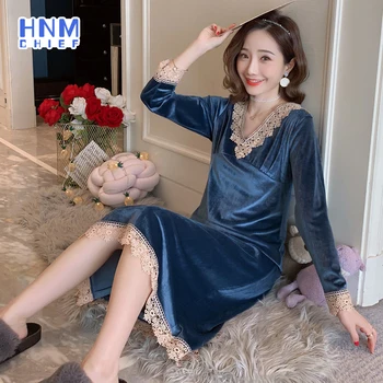 

HNMCHIEF Blue Warm Nightwear Winter Nightdress Gold Velvet Sleepshirt Women Sexy Hometwear Women's Sleepwears Long Nightgowns