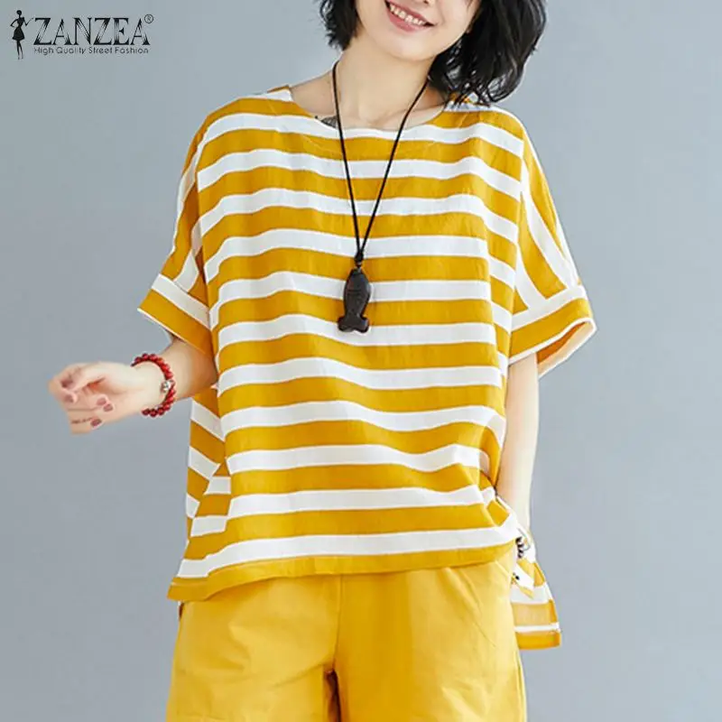 2020 ZANZEA Summer Casual Party Blouse Women Short Sleeve Basic Shirts Vntage O Neck Striped Tunic Tops Blusas Female Chemise photo