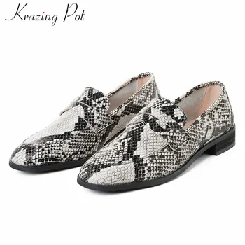 

Krazing pot simple style genuine leather loafers shoes snake round toe low heels women fashion daily wear slip on cozy pumps L01
