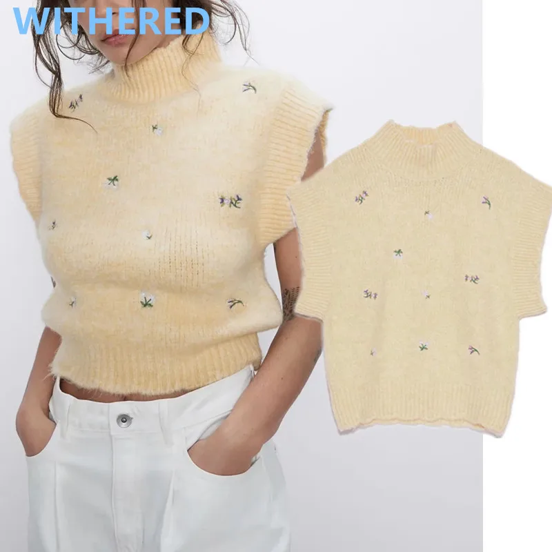 

Withered england vintage floral embroidery sleeveless turtleneck vest sweaters women pull femme sweaters women pullovers tops