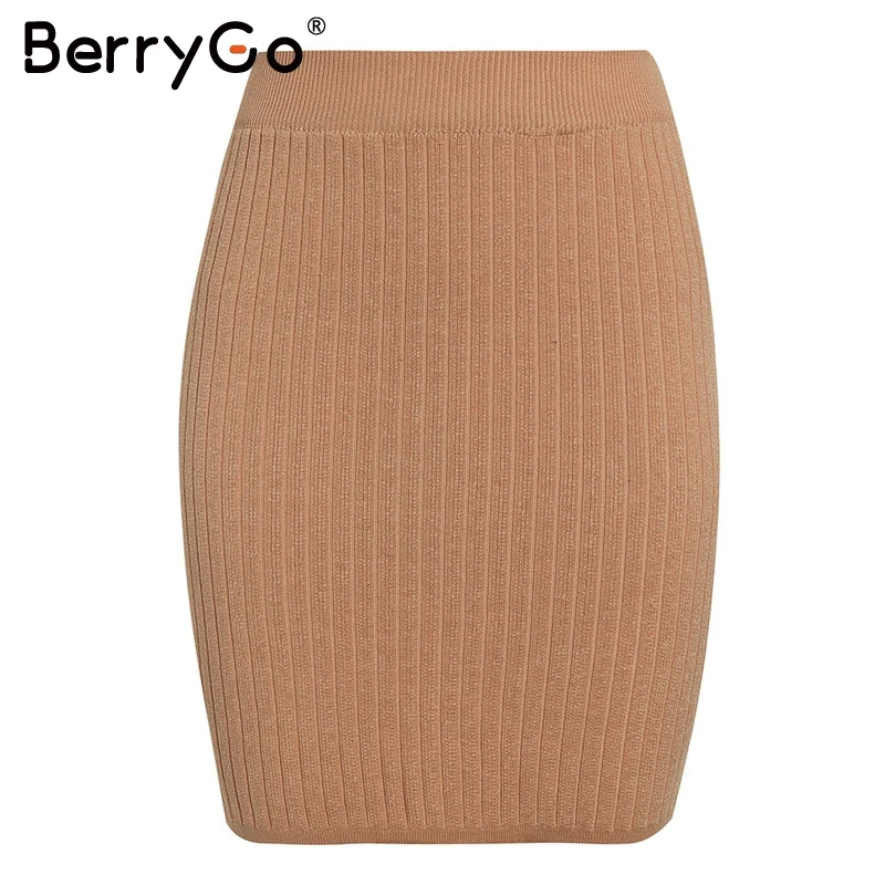 BerryGo элегантные трикотажные юбки с эластичным ремешком Женская осенне-зимняя теплая прямая женская юбка ребристая однотонная короткая женская юбка