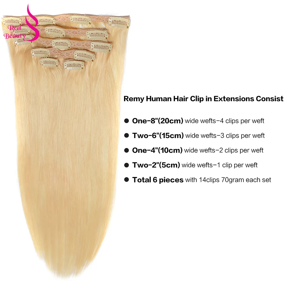 Real Beauty-extensiones de cabello humano Remy, pelo liso brasileño, cabeza completa, doble trama, 70g a 140g