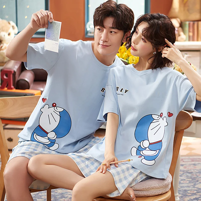 Funny Japan Anime Doraemon Couples Pajamas Sets Women Men Summer Cotton Sleepwear Korean Blue Plaid Short Sleeve Lovers Homewear silk pajama pants Men's Sleep & Lounge