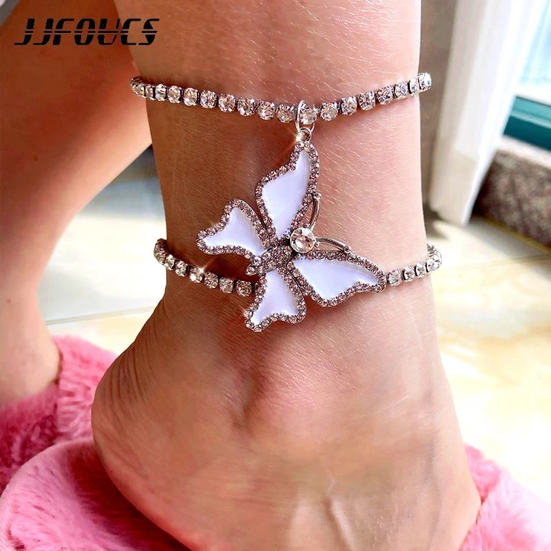 

JJFOUCS Trendy New Women's Anklet Crystal Big Butterfly Lady Foot Chain Rhinestone Tennis Chain Personality Wild Popular Jewelry