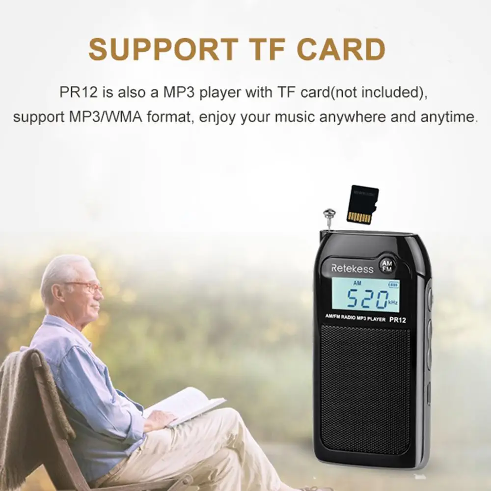 RETEKESS PR12 Мини цифровой карманный радио FM/AM 2 диапазона MP3 музыкальный плеер с