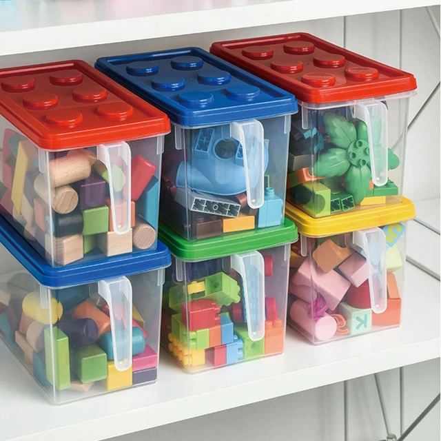 Boîte de rangement de blocs de construction pour enfants, avec poignée, organisateur de jouets, boîte de rangement domestique anti-poussière, conteneur de blocs empilable 1