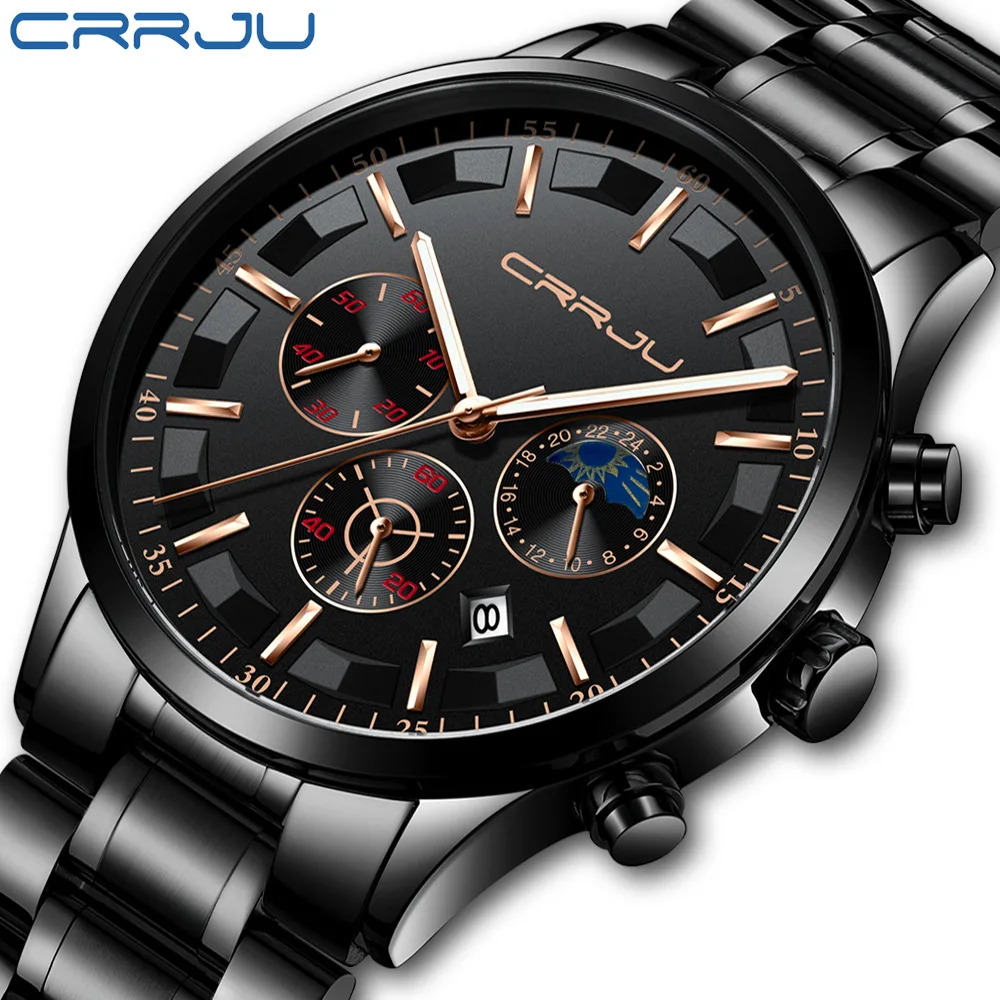 

Crrju/ka jun 2260 New Style Men Steel Belt Sports Watch Fashion Business Six-pin Multi-functional Chronograph
