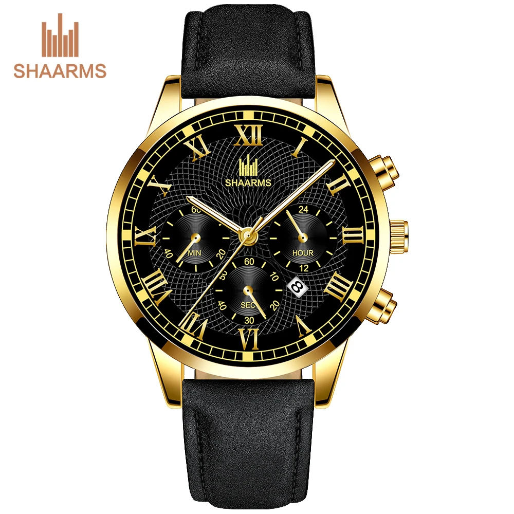 SHAARMS Watches Men Fashion Sport Stainless Steel Case Leather Band Watch Quartz Business Wristwatch Reloj Hombre | Наручные часы