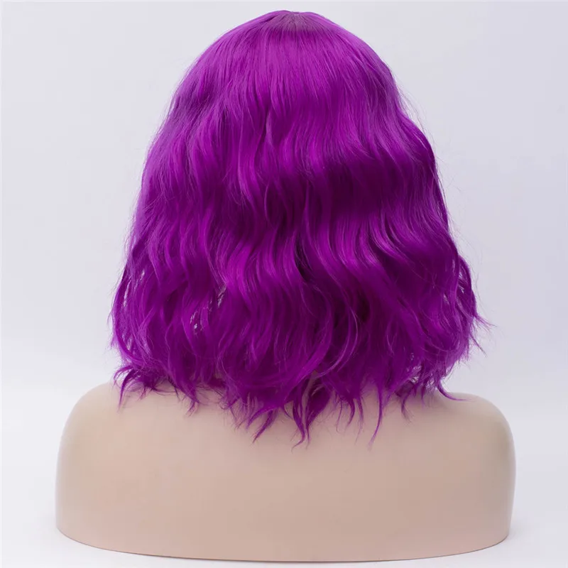 MSI Wigs, Короткие парики для косплея, фиолетовый, для женщин, кудрявый, красный, синий, парик с боковой челкой, зеленый, розовый, синтетический парик, жаростойкий - Цвет: dark purple