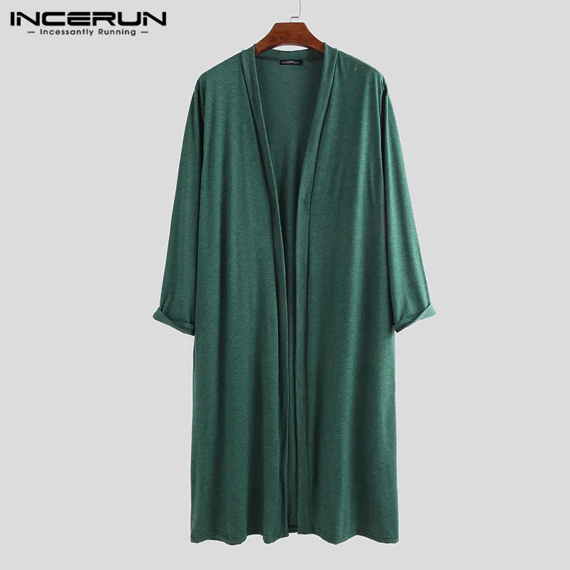 Green Мужской Тренч, верхняя одежда, однотонный, длинный рукав, модный, шикарный, уличная накидка, повседневная мужская ветровка, длинный стильный кардиган, INCERUN 5XL - Цвет: Green